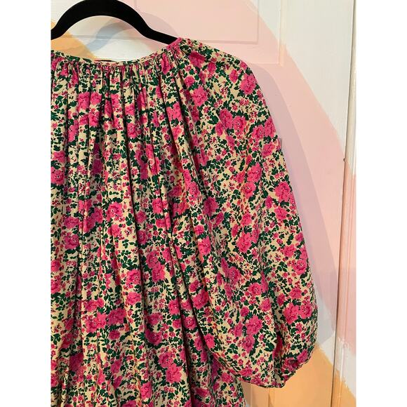 Zara Floral Babydoll Smock Mini Dress Pink Roses Ruffle Hem Size Large - Picture 7 of 12